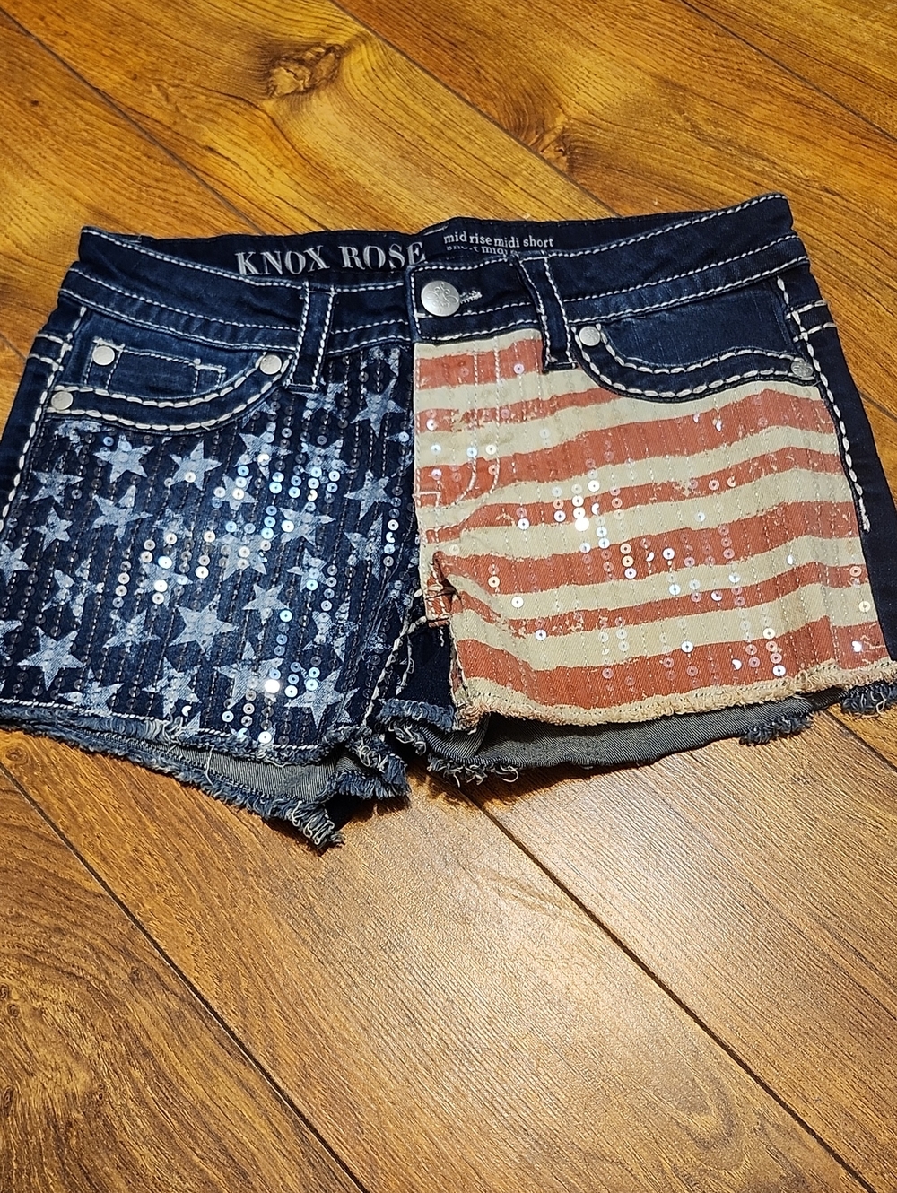 Knox Rose Sequin American Flag Jean Shorts - Blue & Red